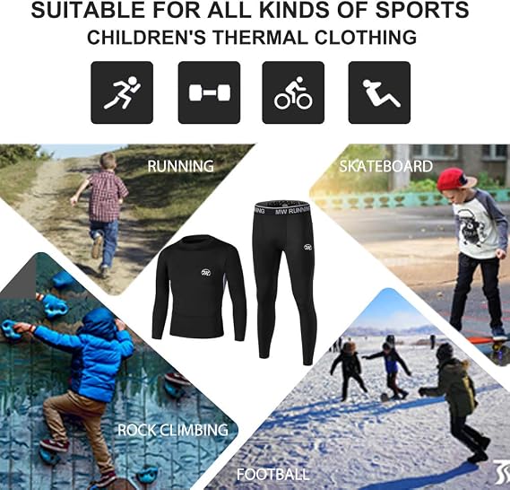 Thermal Underwear Kids, Boy's Long Sleeve Base Layer Compression Warm Underwear Set Bottom&Tops Fleece Lined for Kids (8-16 Years)