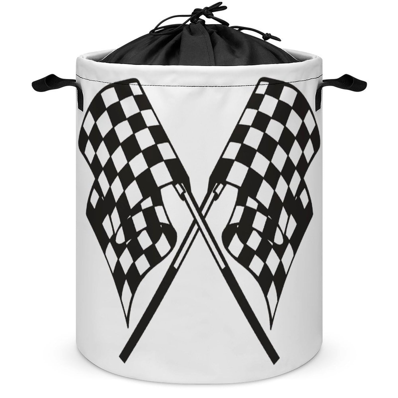 Wlntrophic Drawstring Laundry Hamper, Checkered Flags Race Flag Laundry Basket, Washing Basket with Handle
