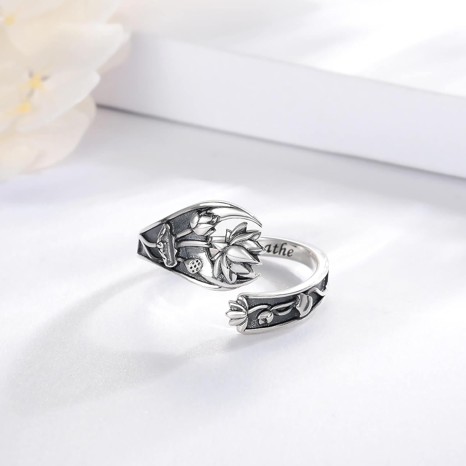 Sariel Just Breathe Lotus Flower Spoon Rings for Women 925 Sterling Silver Vintage Inspirational Band Ring Adjustable Jewlery Gifts