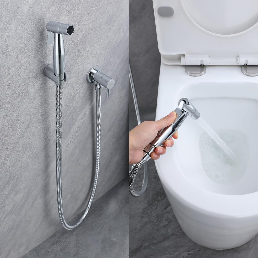 Douchette WC Murale Chromée – Jet Puissant et Précis avec Robinet Marche/Arrêt – Support Mural Inclus – Design Moderne et Durable – Hygiène et Propreté