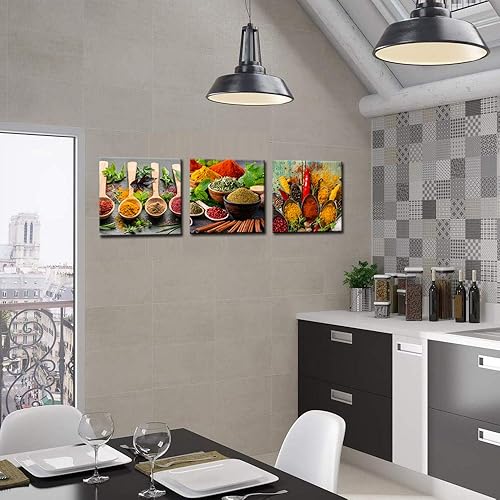 Miniatura 4 de Biuteawal Juego de 3 piezas de especias y cuchara, pintura artística para pared, cocina, decoración de pared, hierbas, alimentos, impresión en