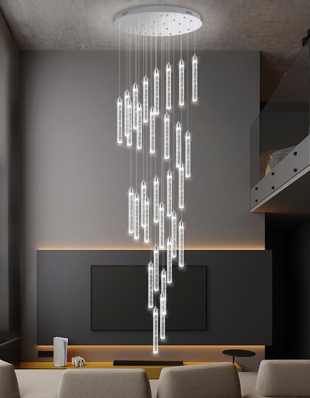 30-Light 197'' High Ceiling Chandeliers Modern Crystal Chandeliers for Entryway Long Spiral LED Dimmable Chandelier Flush Mount Ceiling Staircase Foyer Living Room Sloped ceilings Light Fixture