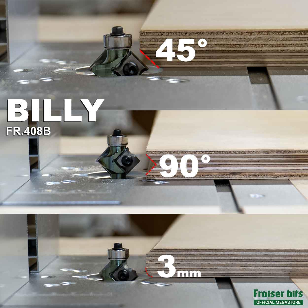 Fraiser Set di frese per legno, 3 frese ad inserti, gambo 8 mm, per fresatrice verticale, rifilatore e banco fresa - Kit base professionale