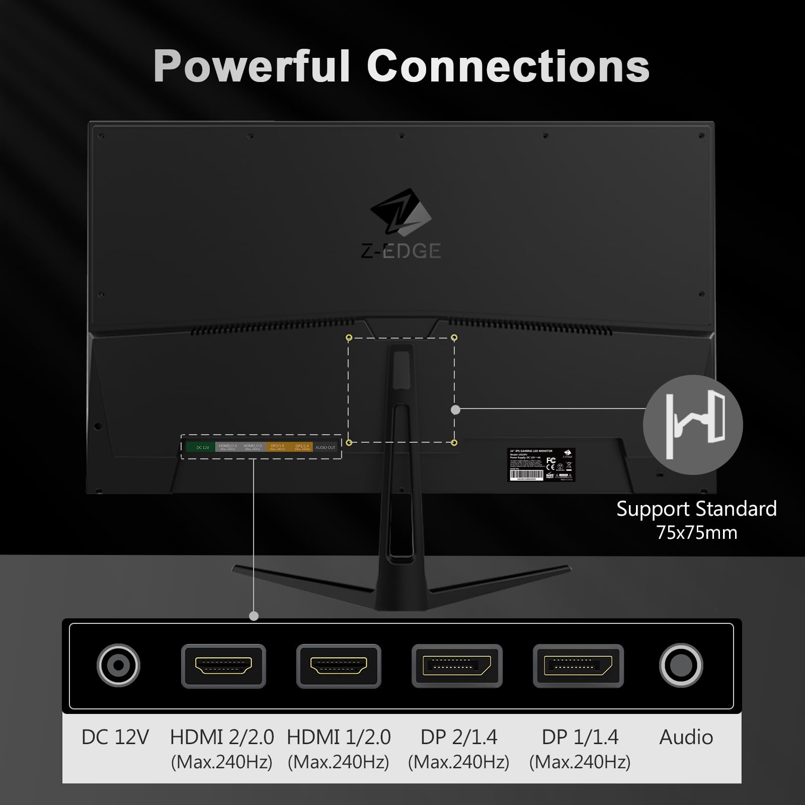 Z-Edge Ekran do komputera gamingowego 24'' 240 Hz, Panel IPS, 1ms, FreeSync, FHD, Monitor Gaming 16:9, Regulowane pochylenie, 2× HDMI2.0 & 2× DP1.4, 350cd/m², HDR10, VESA 75 * 75mm(Łącze DP dołączone)