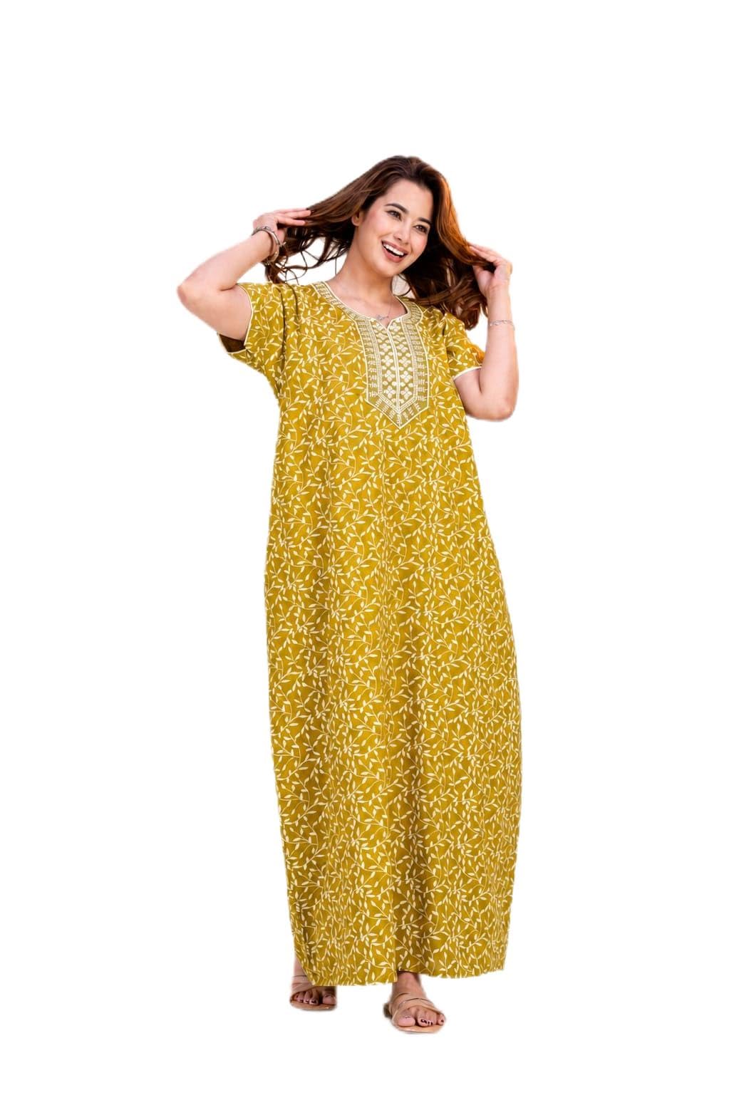 mik & misha Women's Pure Cotton Maxi Nighty, Yellow, Block Print, Rajasthani Jaipuri Style (Free Size)-picture-30