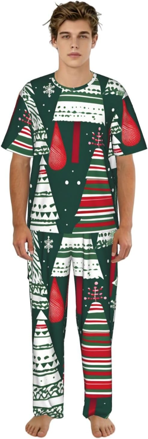 Men'S 2 Piece Loungewear Pajama Set Christmas Trees Print Short Sleeve Tee Top And Pants Set S-3xl