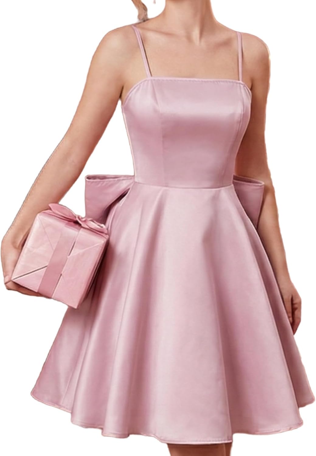 WDIRARA Women's Satin Bow Homecoming Dresses Spaghetti Strap Wedding Guest Gown Summer Mini Dress