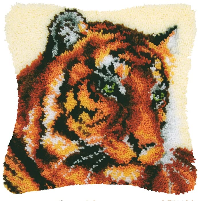 Wild Animal Tiger Latch Hook Kits Pillow DIY Printed Canvas Handmade Cushion Crochet Yarn Embroidery Needlework Hook Latch Kit Pillowcase Rug Cover Christmas Home Sofa Decoration 43x43cm