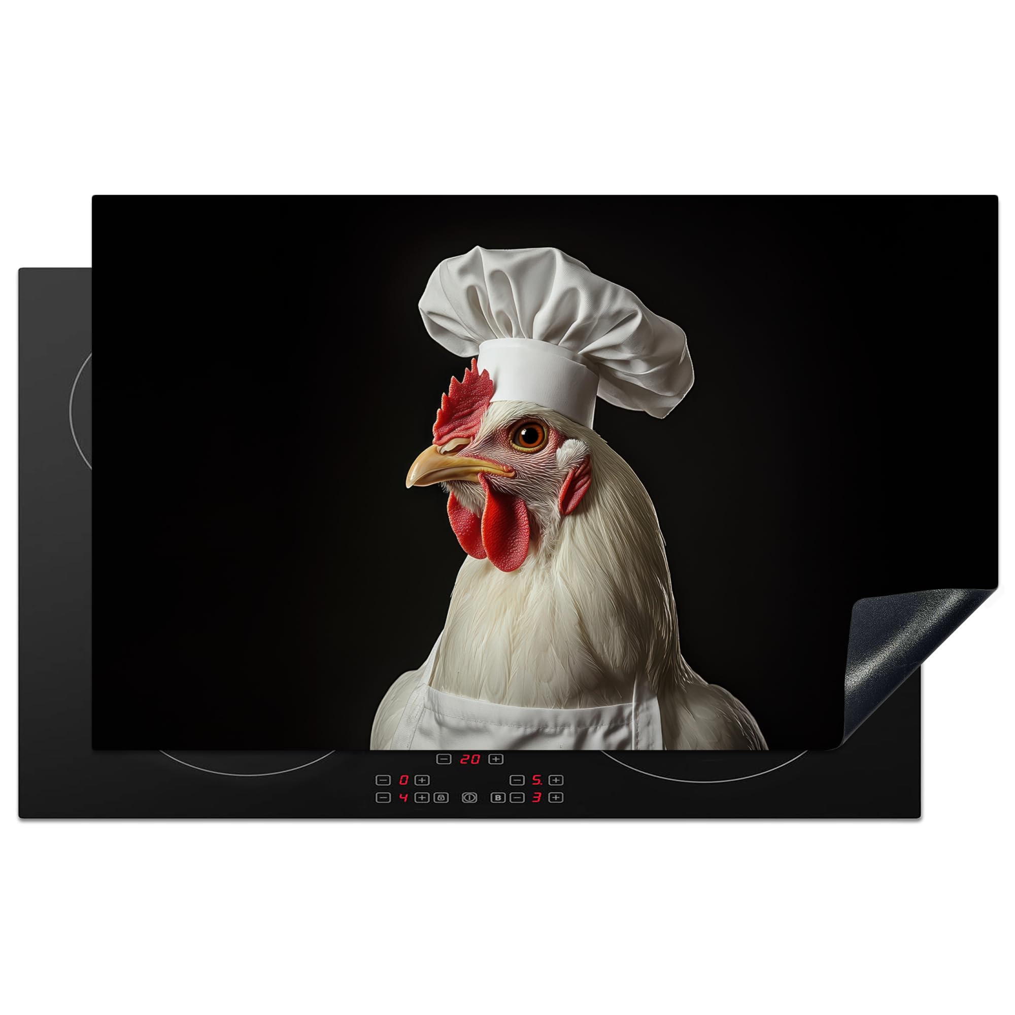 KitchenYeah© Induction Hob Protector Mat 20.3"x32.7" / 83x51.5 cm Stove Cap Top Cover Kitchen Cooker Covers for Electric Hobs Vinyl Chefs Hat - Red - Chicken