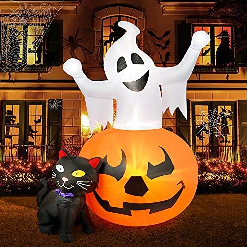 HOPOCO 5 FT Halloween Inflatables Spooky Pumpkin and Witch' s Black Cat Combo Inflatable Decor, Halloween Blow Up Yard Decorations Clearance with Build-in LED Lights, Halloween Yard Decorations