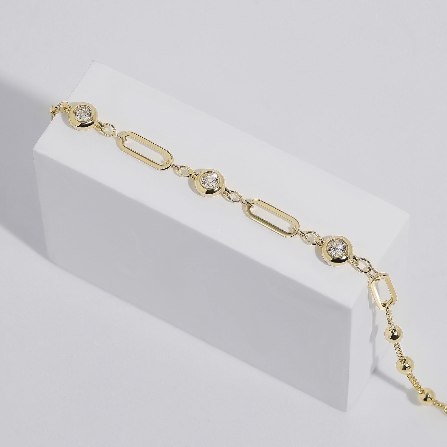 Meissa Handmade Diamond Bracelet for Women Dainty Paperclip Link Chain Bracelet Rose Gold Tiny Ball Charm Bracelet Waterproof Jewelry GIfts