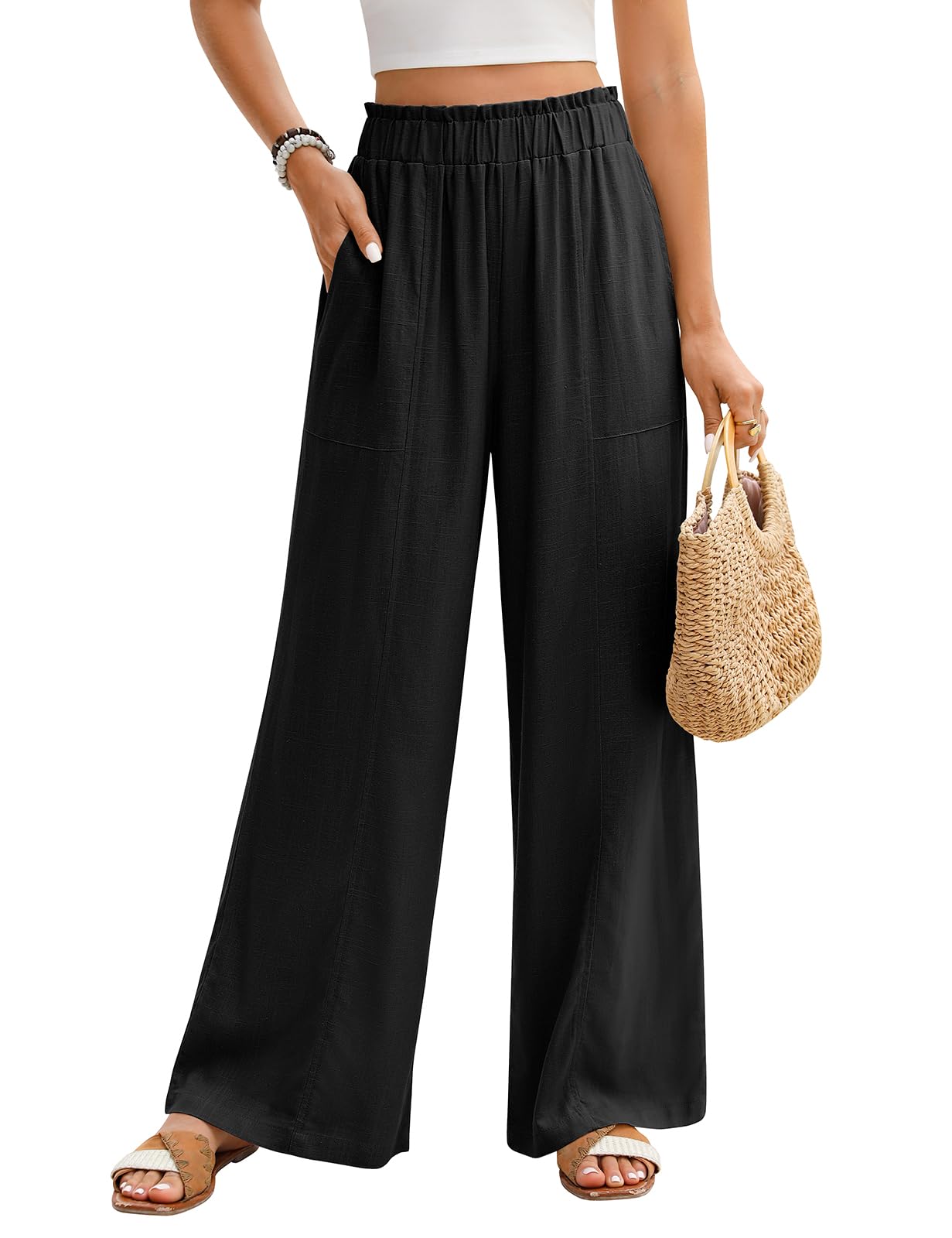 Niwicee Pantalones Lino Mujer Verano Anchos Cintura Alta Elásticos Largos Pierna Ancha Casuales Ligeros con Bolsillos