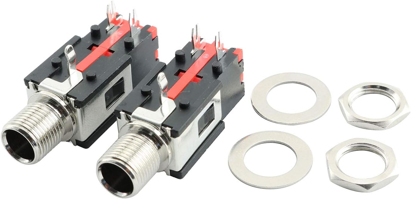 2-Pack 2Pin 1/4 Inch Headphone Socket 50V 0.5A Panel Mount Thread Lock Audio Stereo Female Plug Connector 6.35mm