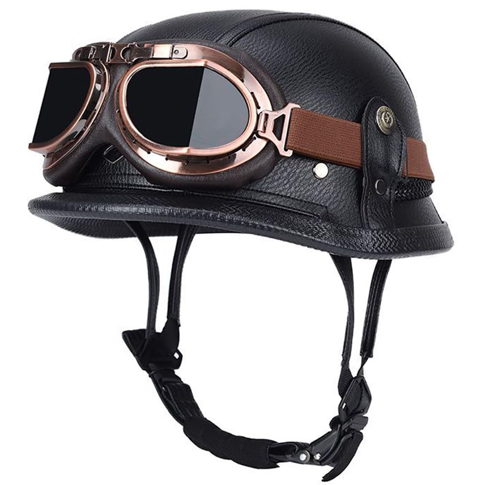 Retro Moto Casco Mezzo Pelle, Certificazione ECE Casco Jet Vintage con Occhiali da Aviatore, Caschi Scooter Caschi Street Cruiser da Uomo e da Donna