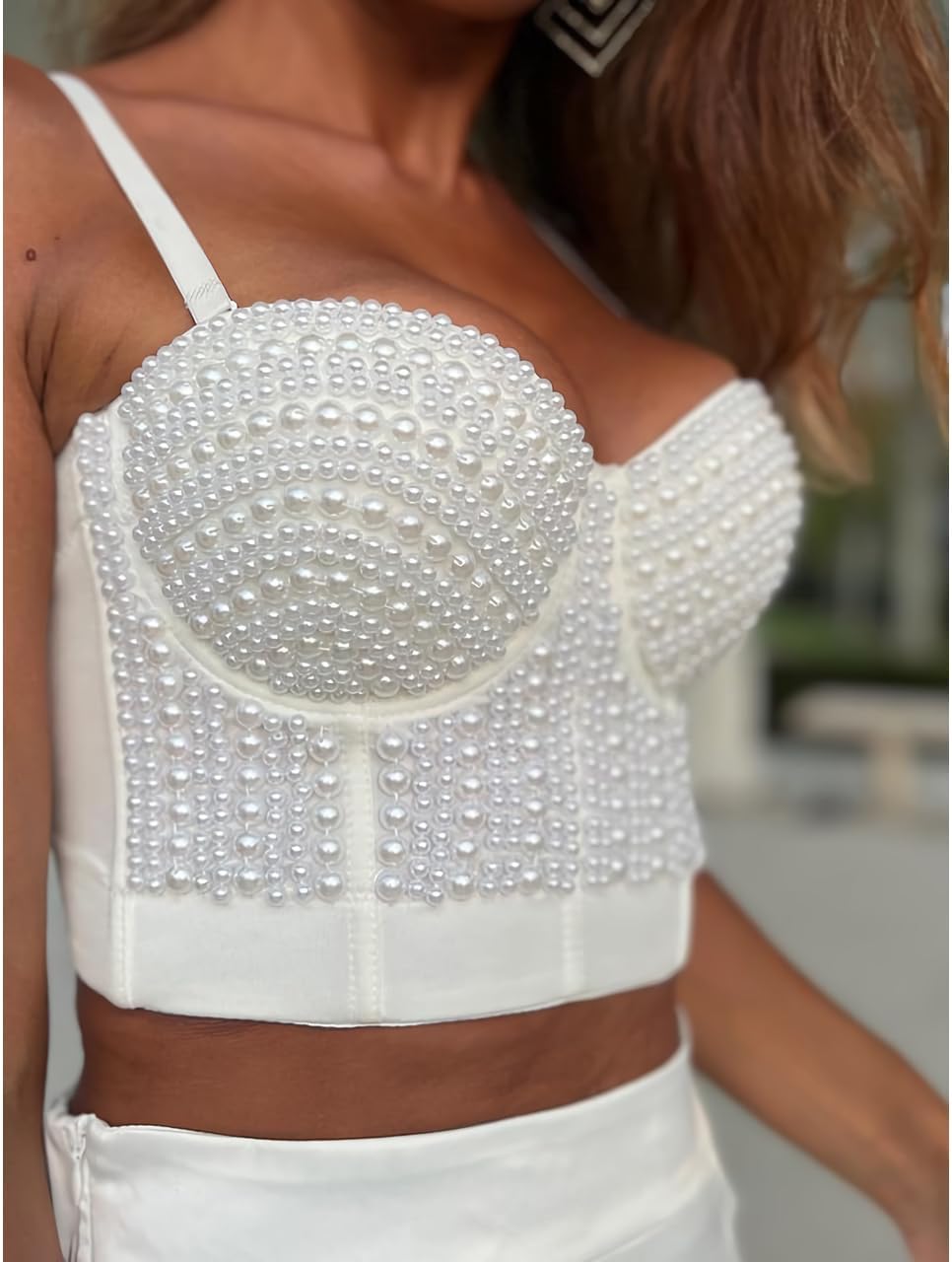 Women's Pearls Bead Bustier Crop Top Wedding Club Party Sexy Corset Top Bra White - Image 4