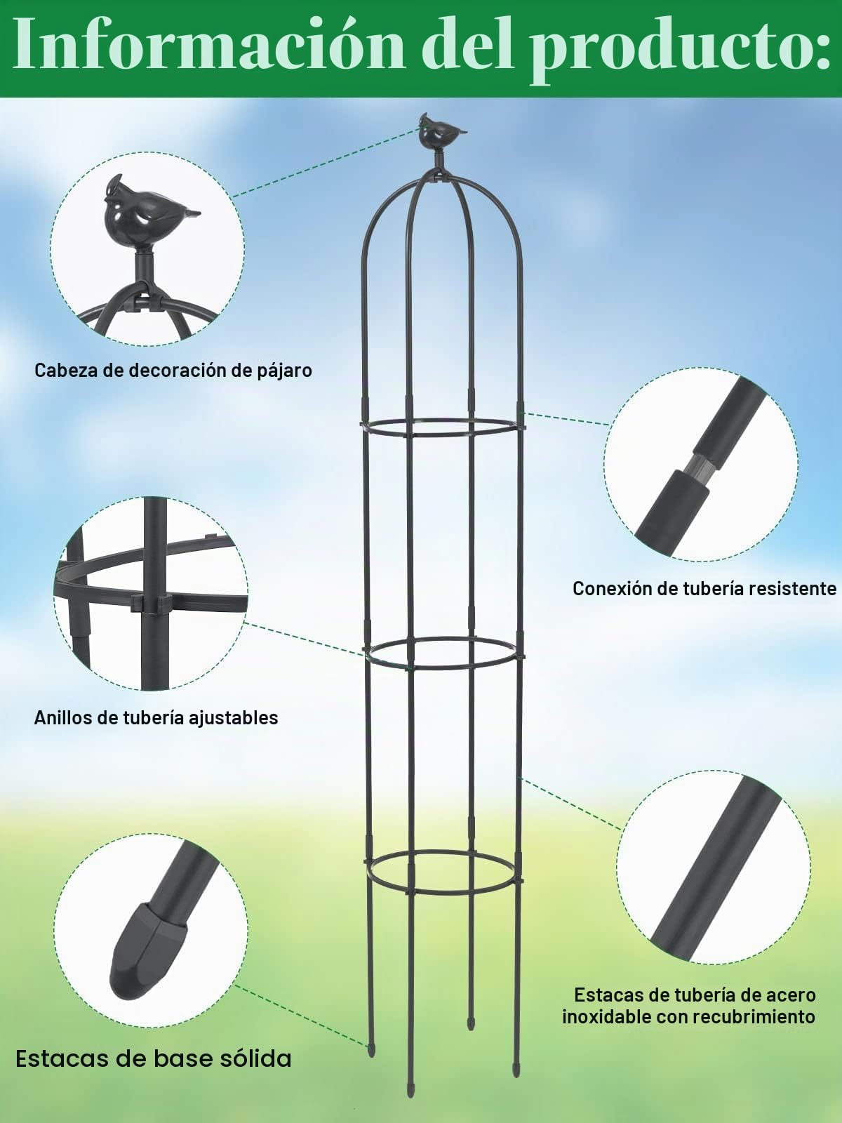 Kalolary 6 pies Enrejado Jardín Alto Plantas Trepadoras Garden Tower Obelisk Trellises Soporte Escalada Plantas Maceta Metal Inoxidable Flores Interior Exterior Soporte Vides Frutas Vegetales (Negro)