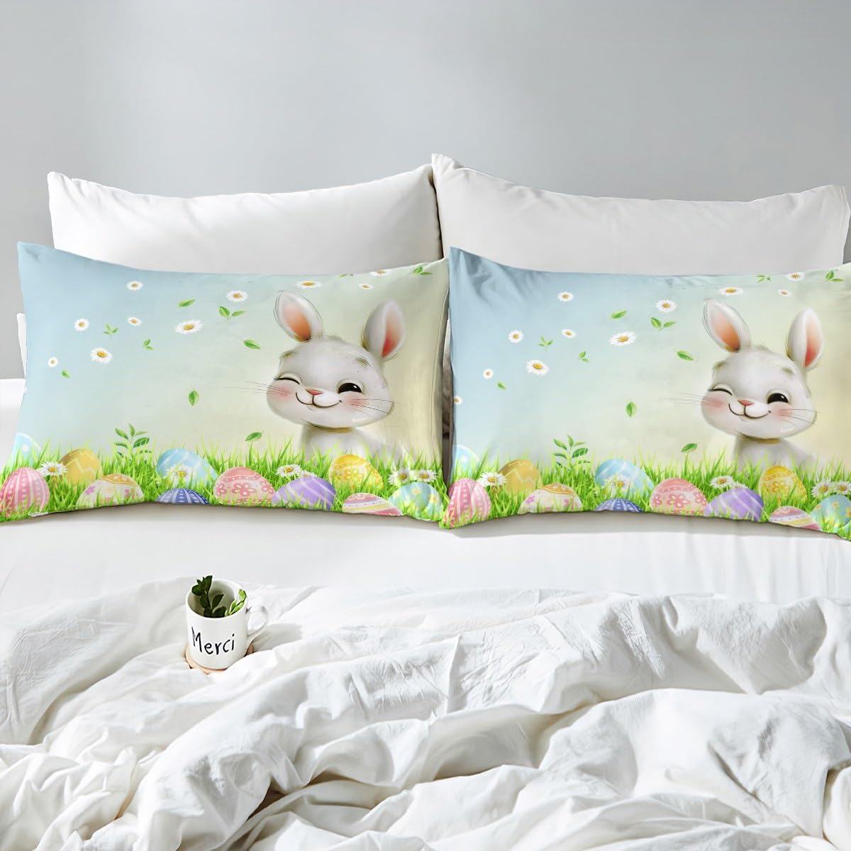 Cute Rabbit Kids Duvet Cover Set Queen Size,Watercolor Easter Egg Daisy Flowers Spring Bedding Set,Girls Boys Room Decor,Happy Easter Rustic Comforter Cover,Bright Fashion Quilt Cover,2 Pillowcases