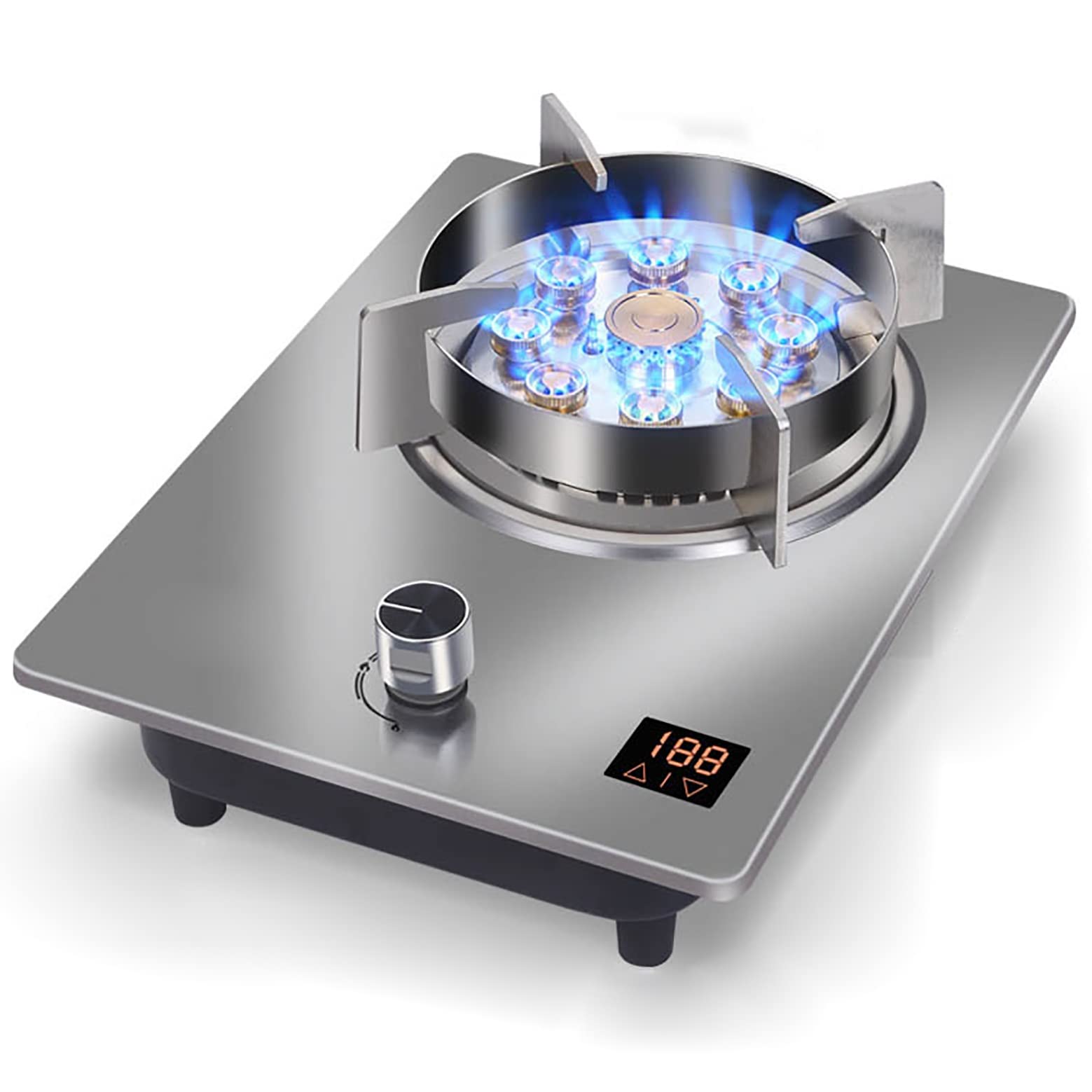 Gas Hob 7.2Kw Nine-Chamber High-Fire Built-In Gas Cooktop, Black Tempered Glass &amp; Stainless Steel Panel (B LPG) (Black LPG)