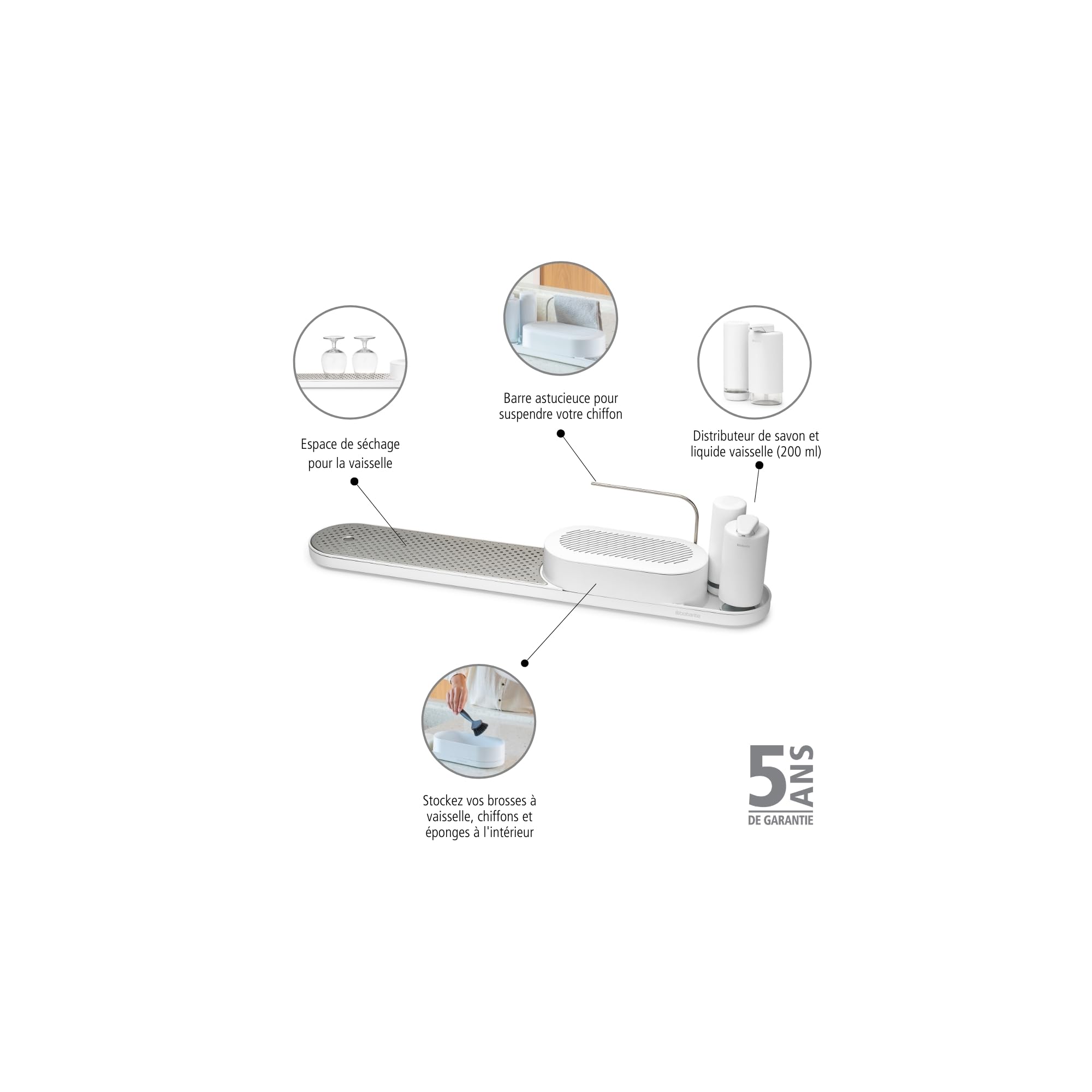 Brabantia - Set Organiseur SinkStyle avec Organiseur d'Évier avec Bac d'Égouttage, Distributeur de Savon et Plaque Amovible en Acier Inoxydable.