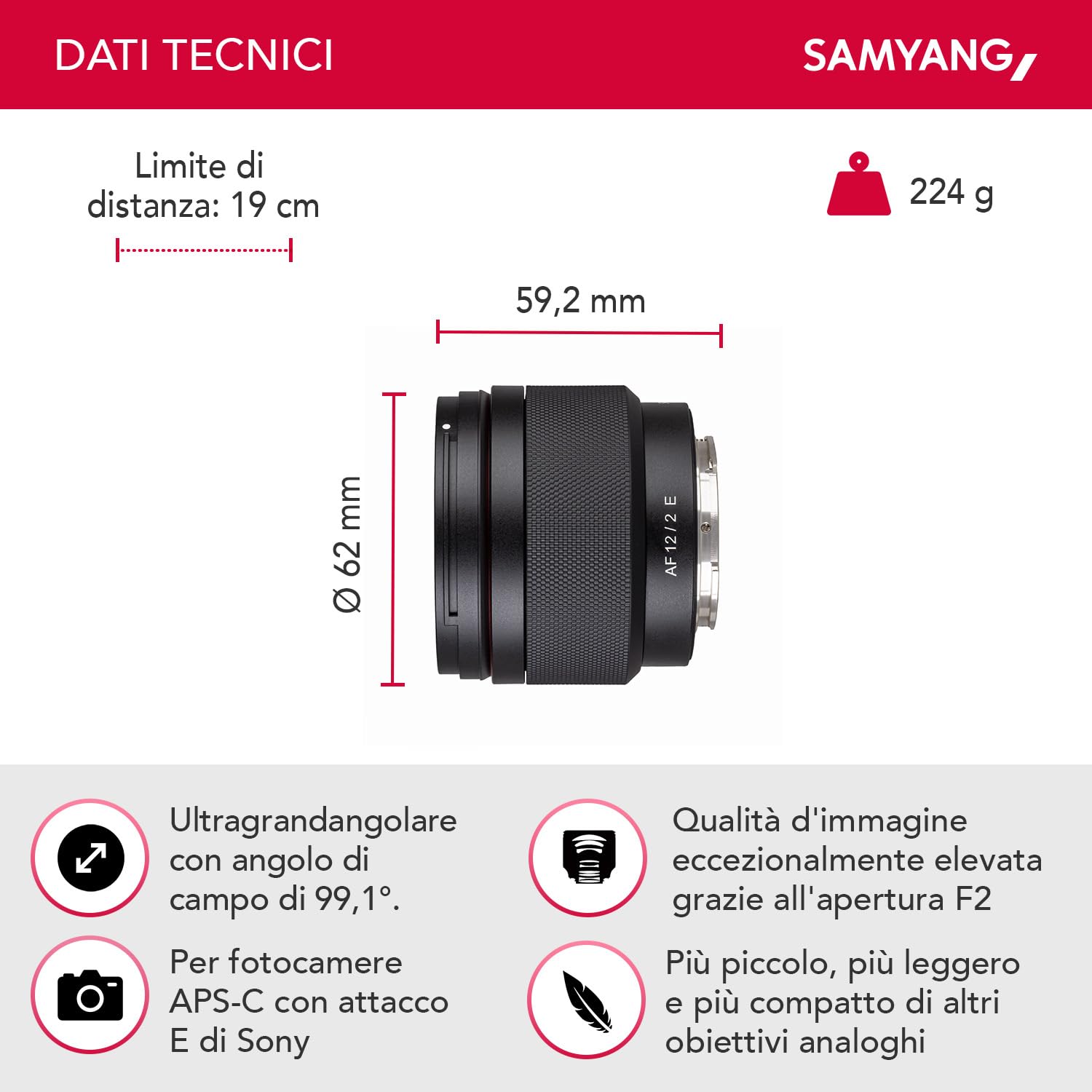 Samyang AF 12 mm F2.0 E Obiettivo per Sony E – autofocus APS-C grandangolare focale obiettivo per Sony E Mount APSC, per fotocamere Sony Alpha 6600 6500 6400 6300 6100 6000 5100 5000 NEX nero