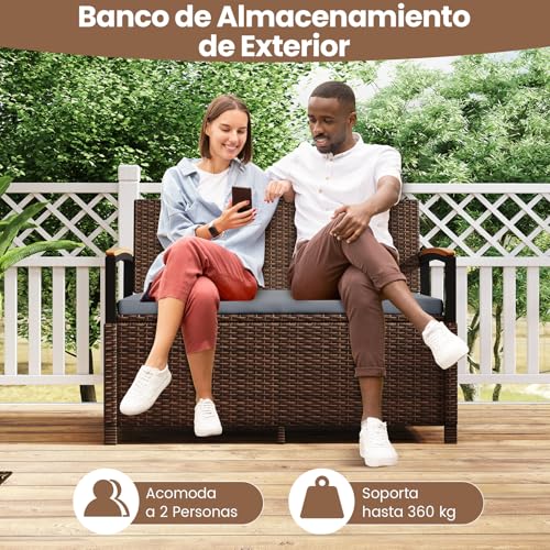 COSTWAY Banco de Almacenamiento Exterior Ratán, 175 L Baúl para Terraza con Cojín, Respaldo y Reposabrazos de Madera de Acacia, Sofá de Mimbre PE con Almacenamiento Oculto y Bolsa Impermeable (Gris) - imagen 8