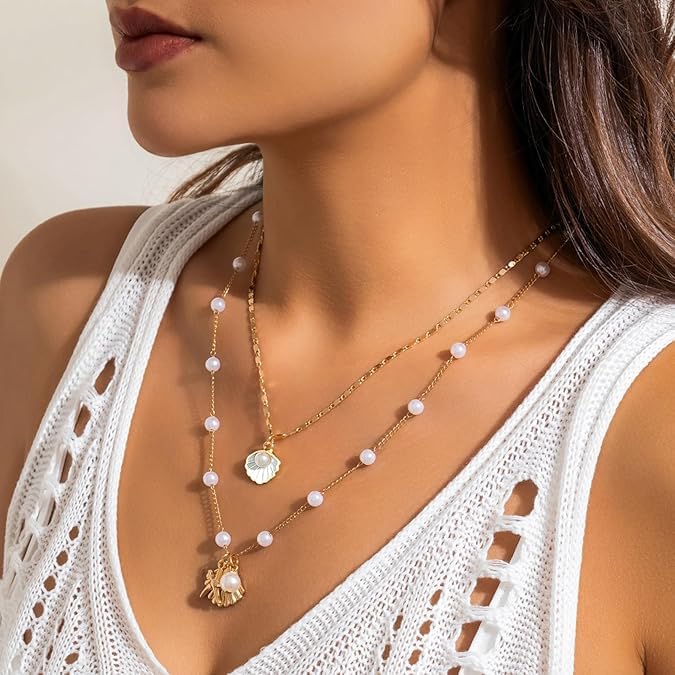 SANNIDHI® Necklace for Women Girls 2Pcs Boho Gold Seashell Pendant Necklaces Layered Pearl Starfish Necklace Chains Beach Jewelry Gift Item for Women 3