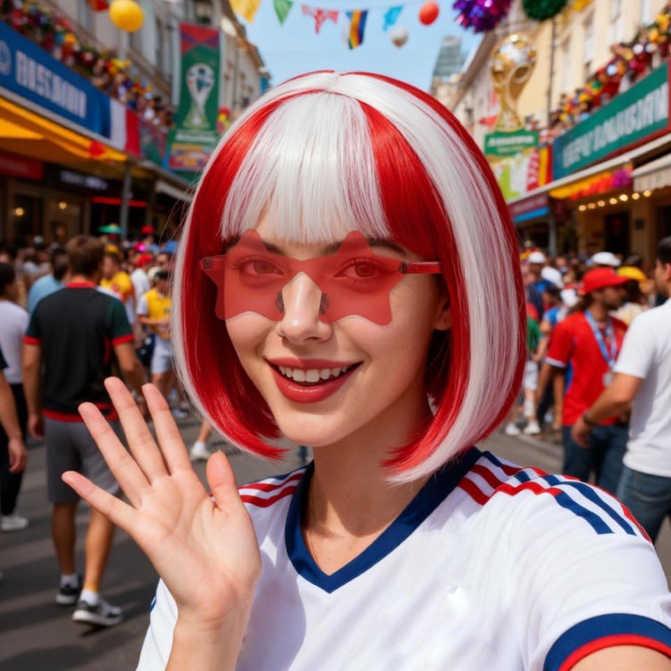 Image of ANOGOL Hair Cap + (Sunglasses) Red White Bob Wig with Bangs Womens Red White Party Wigs with Sunglasses Short Neon Wig Fun Wigs Halloween Costume Bachelorette Hair Sports Event Christmas