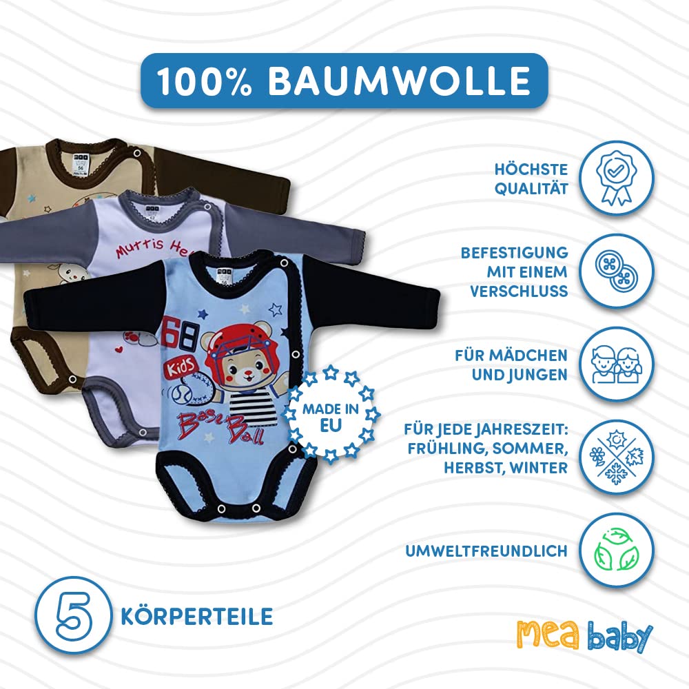 MEA BABY niemowlęce body z długimi rękawami unisex z nadrukiem, opak. 5 szt. Body dla niemowląt dla chłopców Body dla niemowląt dla dziewczynek (62)