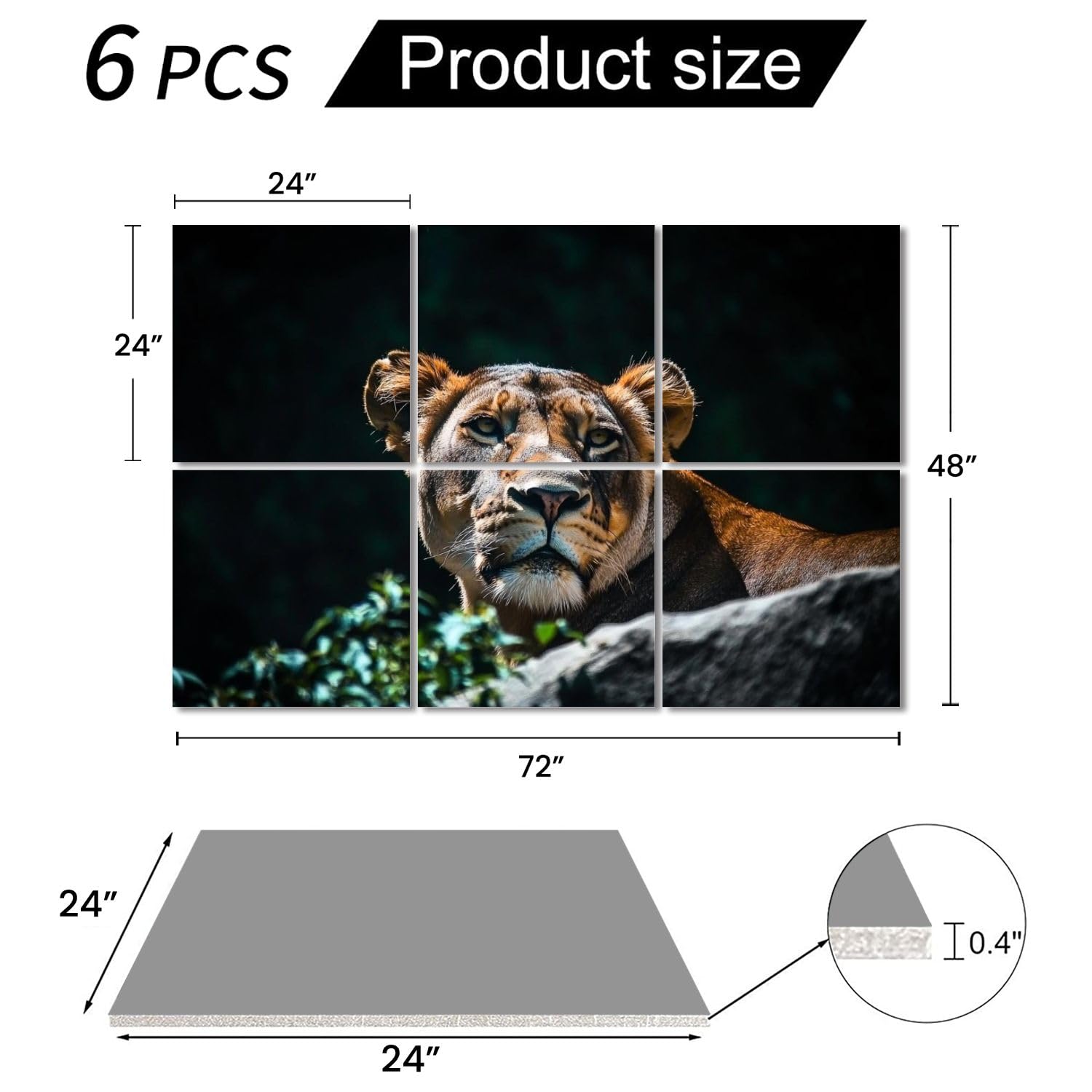 6 Pack Acoustic Panels Lioness rock zoo wild animals Acoustical Soundproof Wall Panels Sound Absorbing Panel Reduce Room Echo Reverberation Acoustic Treatment