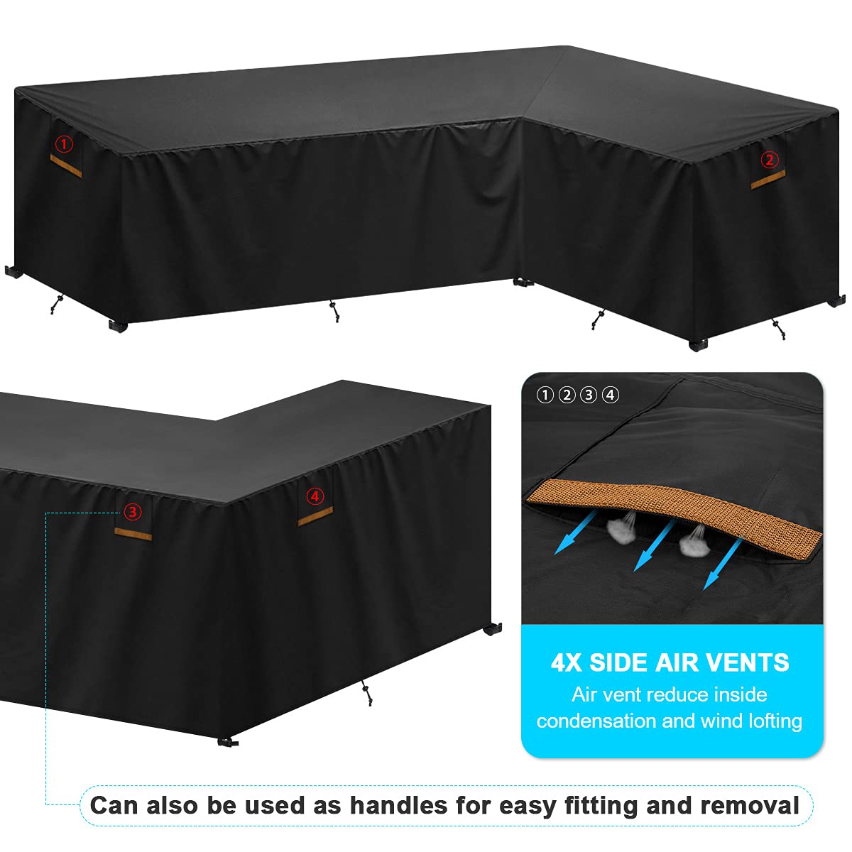 Gartenmöbel Abdeckung für L-Form Sofas (Linke Lang-Rechte Kurz) Ecksofa Abdeckplane mit Belüftungsöffnungen, Wasserdicht Lounge Abdeckung Loungemöbel Abdeckhaube 270x210x85x65/90cm