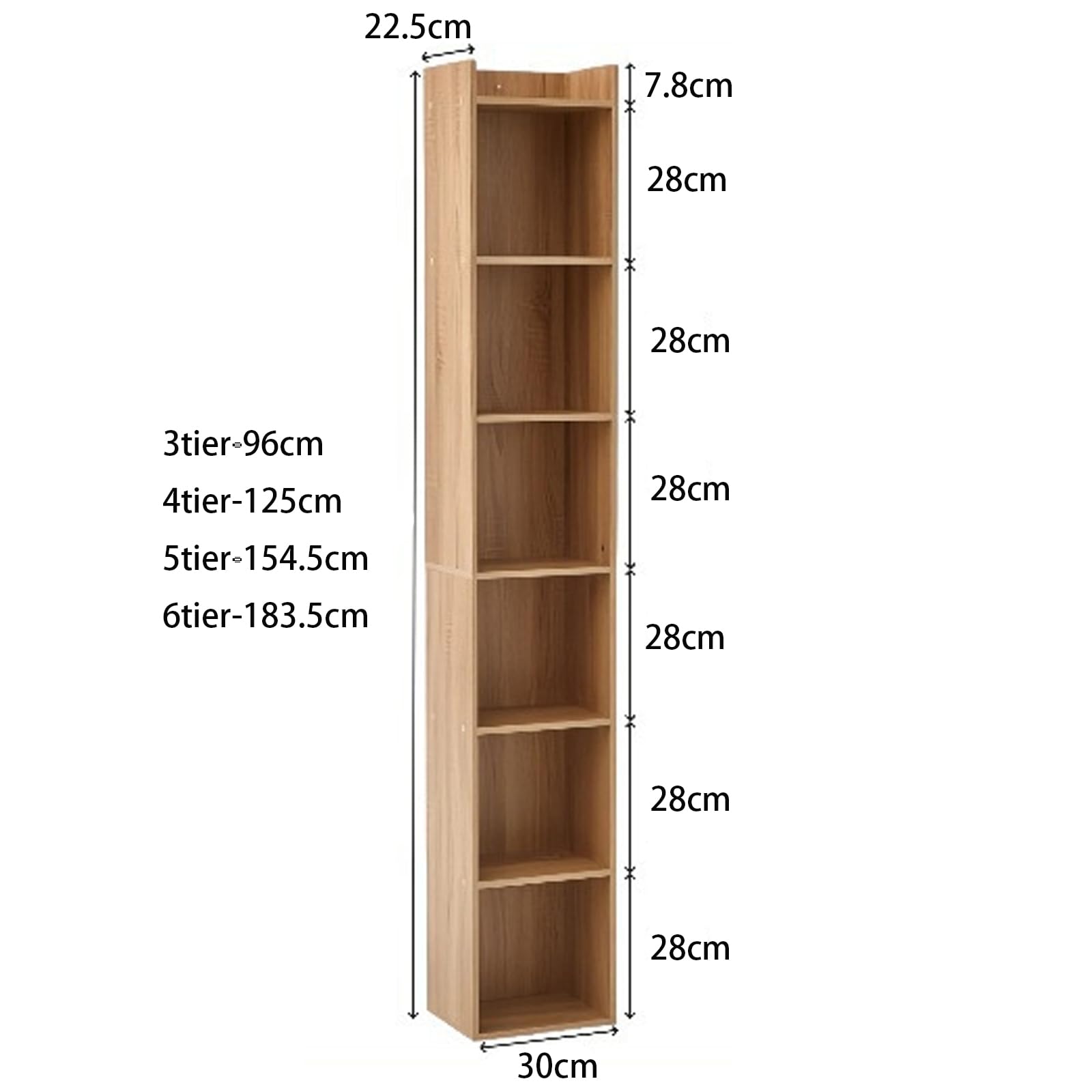 Wysoki wąski drewniany regał na książki, 30 cm szerokości, podłogowy, sufitowy, regał z regulowanymi półkami, 3-poziomowy schowek do sypialni, salonu, gabinetu, kuchni, stylowy