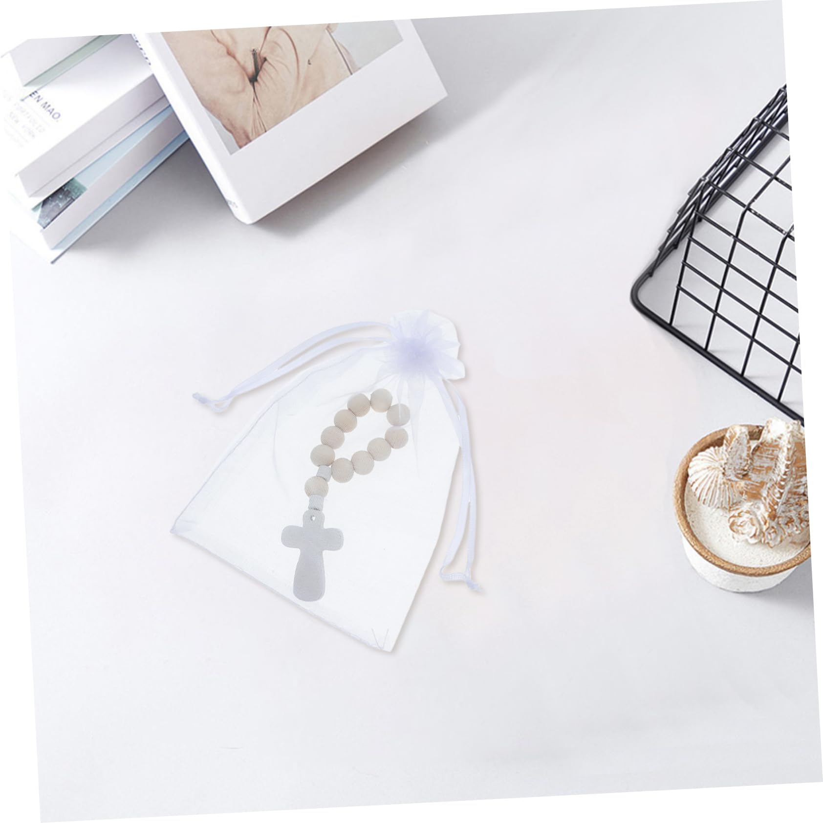 HOMSFOU 40juegos Cuentas de Bendición Pulseras de Rosario Pequeñas de Madera con Bolsas de Malla para Bautizo Shower Recuerdos de Fiesta