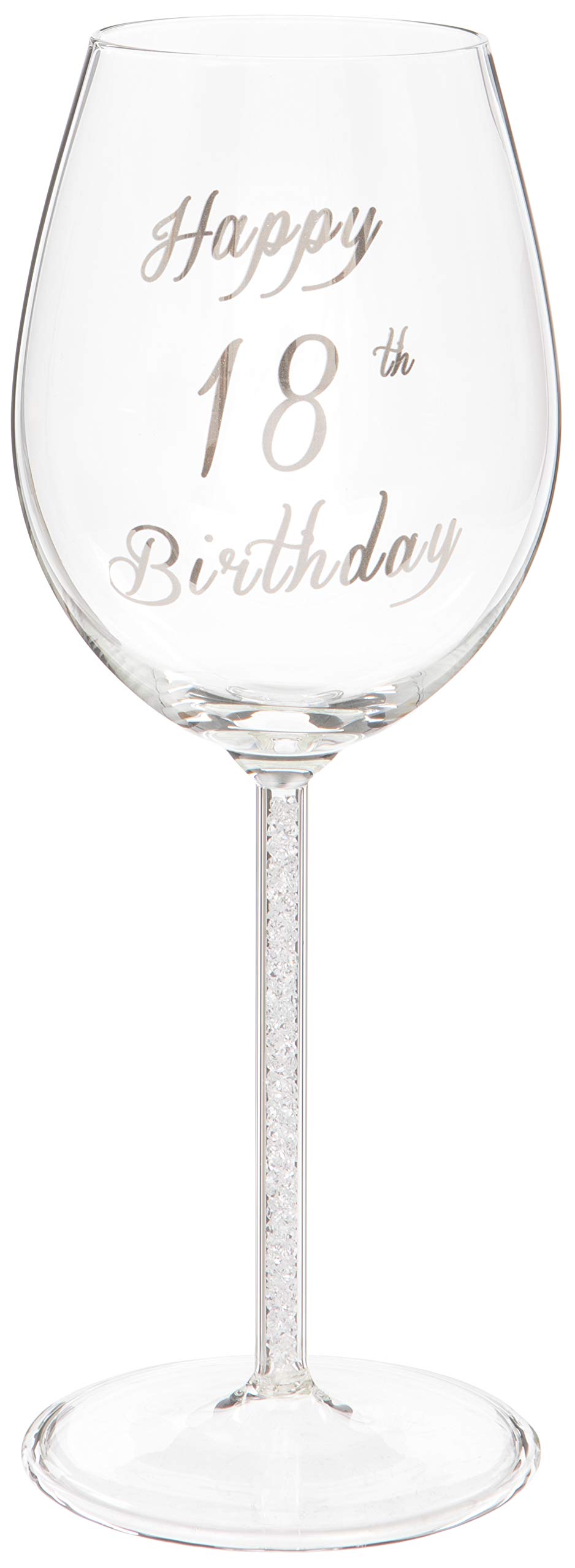 Maturi Transparent Happy 18Th Birthday Wine Glass With Silver Diamond Stem - 400Ml / 13.5 Fluid Ounces