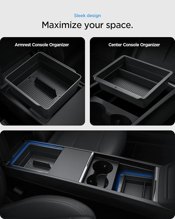 Spigen Center Console and Armrest Organizer for Tesla Model Y Juniper & Model Y L (Only Premium & Performance 2026/2025) and Model 3 Highland (Standard, Premium & Performance 2026/25/24)