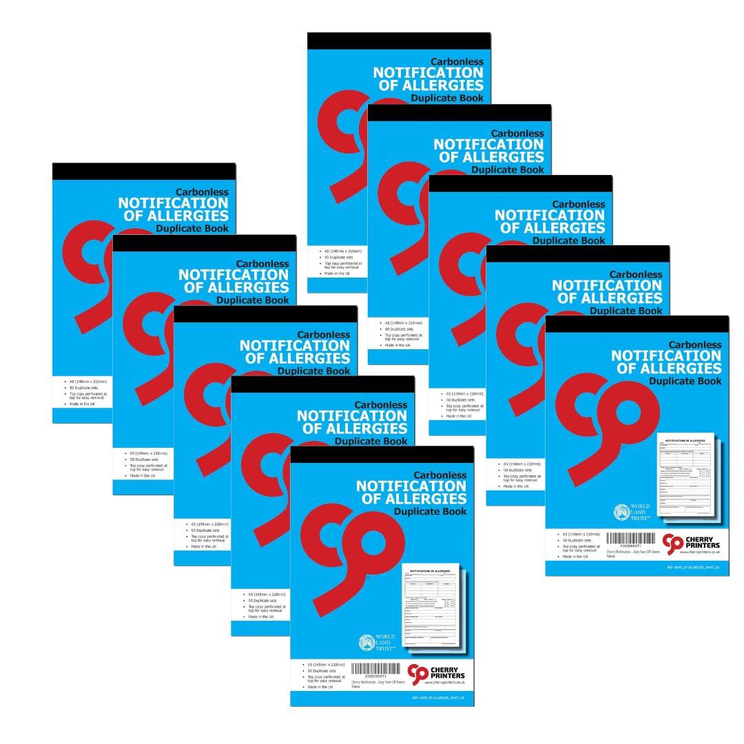 Cherry Printers Notification of Allergies Book A5 | Carbonless Duplicate Book with 50 Sets | Allergy Record for Schools | GP & Emergency Contact Details | Made in UK | Easy Tear-Off Sheets | 10 Pack