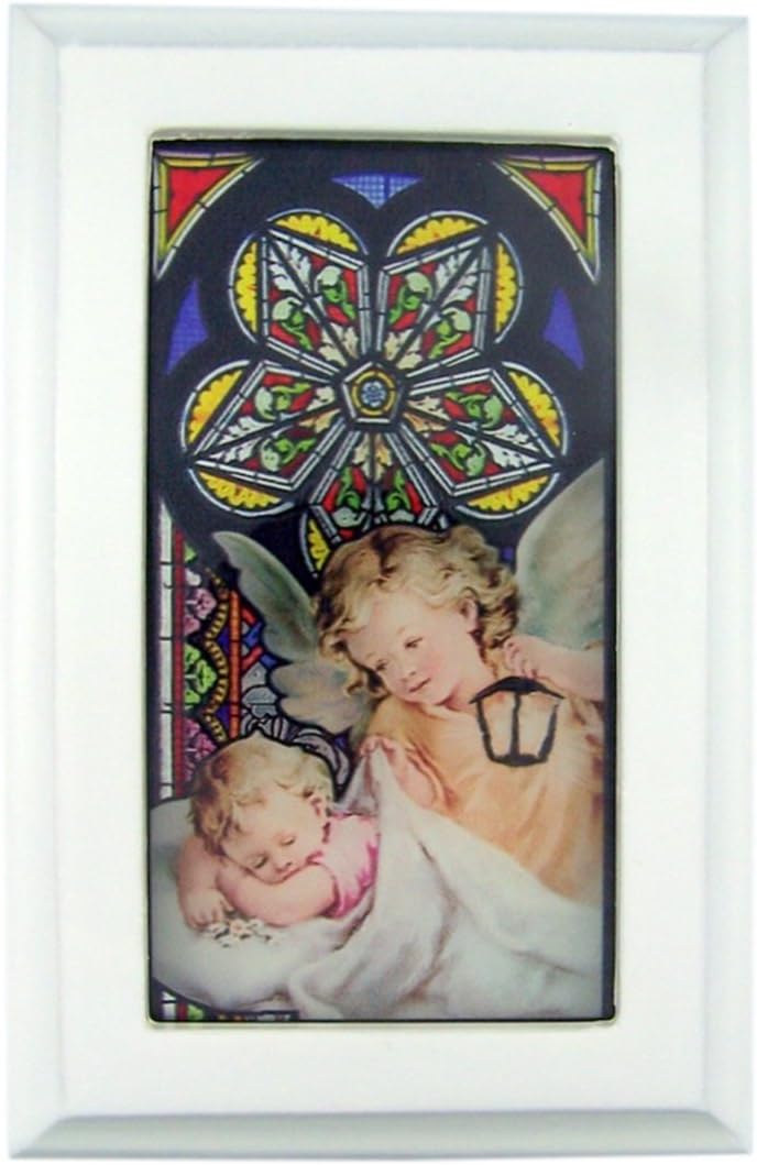Catholic Religious Angel Stained Glass White Wood Musical Jewelry Box, 6 1/2 Inch