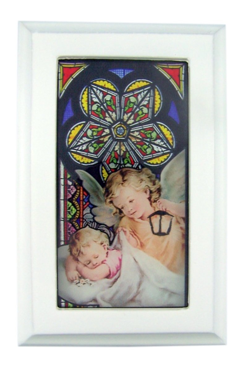 Catholic Religious Angel Stained Glass White Wood Musical Jewelry Box, 6 1/2 Inch