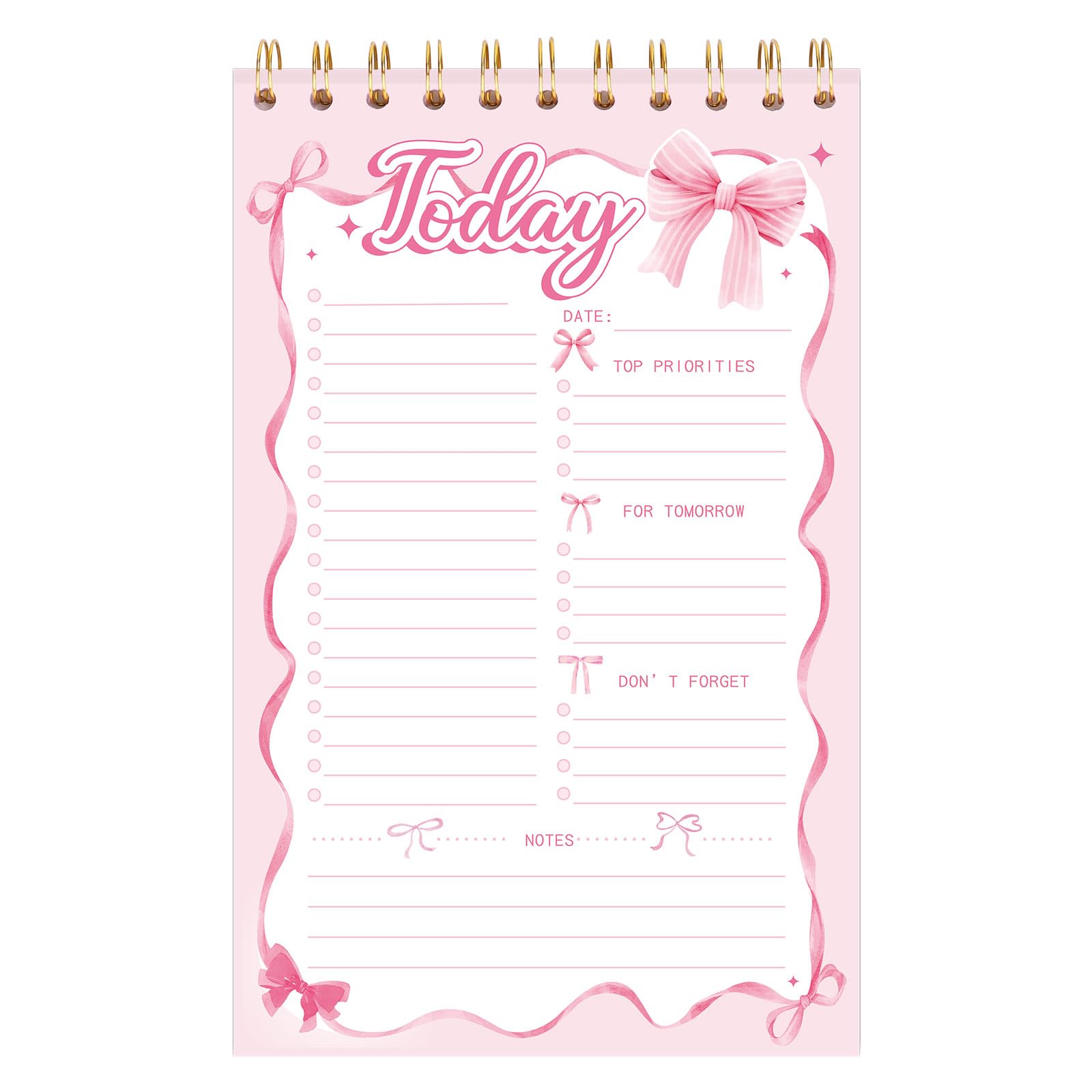 FYSUIMU Pink Bow To Do List Notebook A5 Undated Spiral Daily Planner Notepad Cute Bowknot Big Note Pad for Work Office Home Coquette Birthday Supplies
