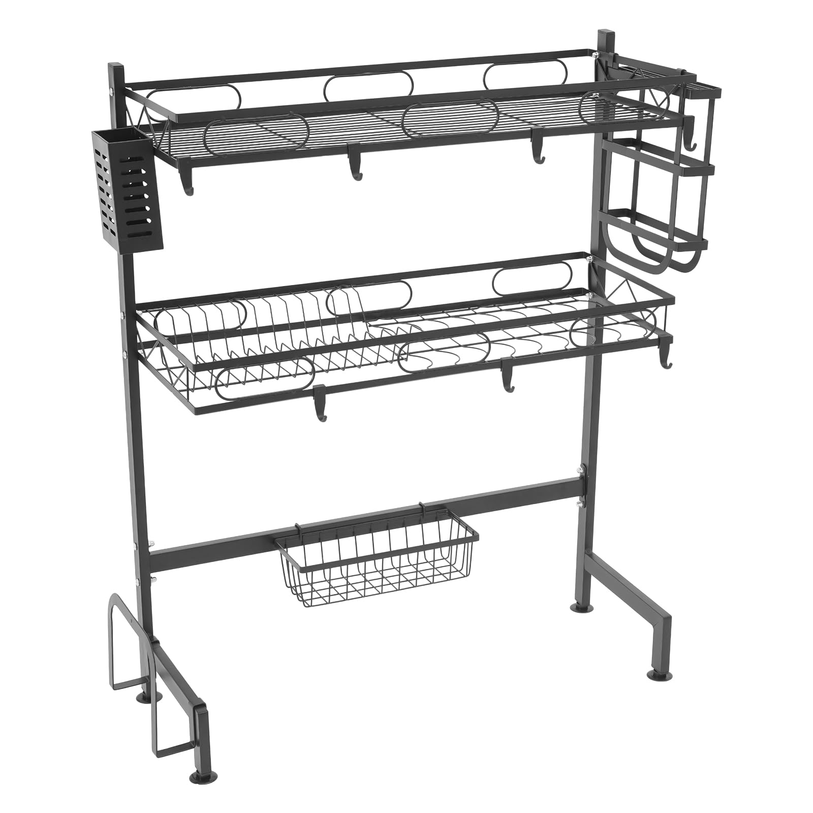 Abtropfgestell Geschirr mit 2 Ebenen 62 cm Geschirrabtropfgestell aus Metall mit Schneidebretthalter und Utensilienhalter Multifunktionales Geschirrtrockner mit Haken