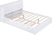 Vista 6 de RUNNA Elegante cama de plataforma de tamaño Queen con estantes extraíbles, cama de almacenamiento de madera con nido de tamaño individual