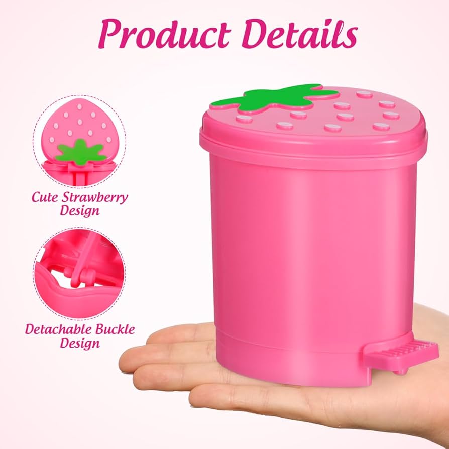 Kawaii Small Trash Can With Lid, Red Strawberry Waste Bin, Desktop Paper Garbage Basket, Plastic Storage Bucket For Bathrooms, Kitchens, Offices, Cars