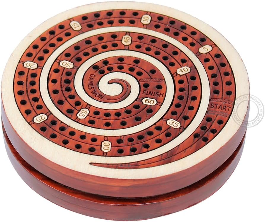 House of Cribbage - 2 Track 60 Points - Spiral Shape Pocket Size Wooden Travel Cribbage Board - Size 4 Inch (Maple Wood/Bloodwood)