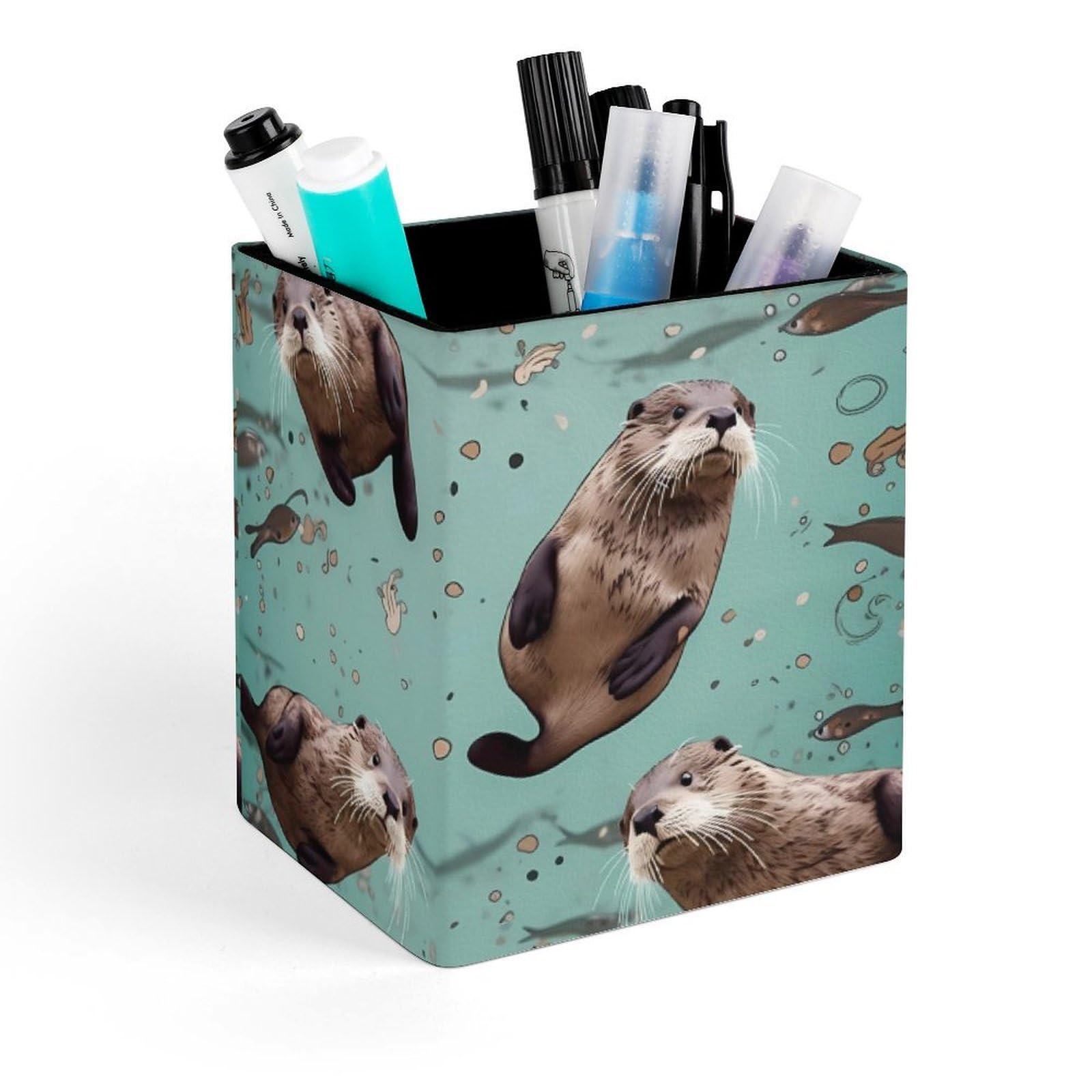 DWVTSLH Aesthetic Pen Holder for Desk - Modern Leather Pencil Holder - Stylish Square Makeup Brush Holder - Otters Pen Cup Cute And Functional Desk Organizer for Office Supplies