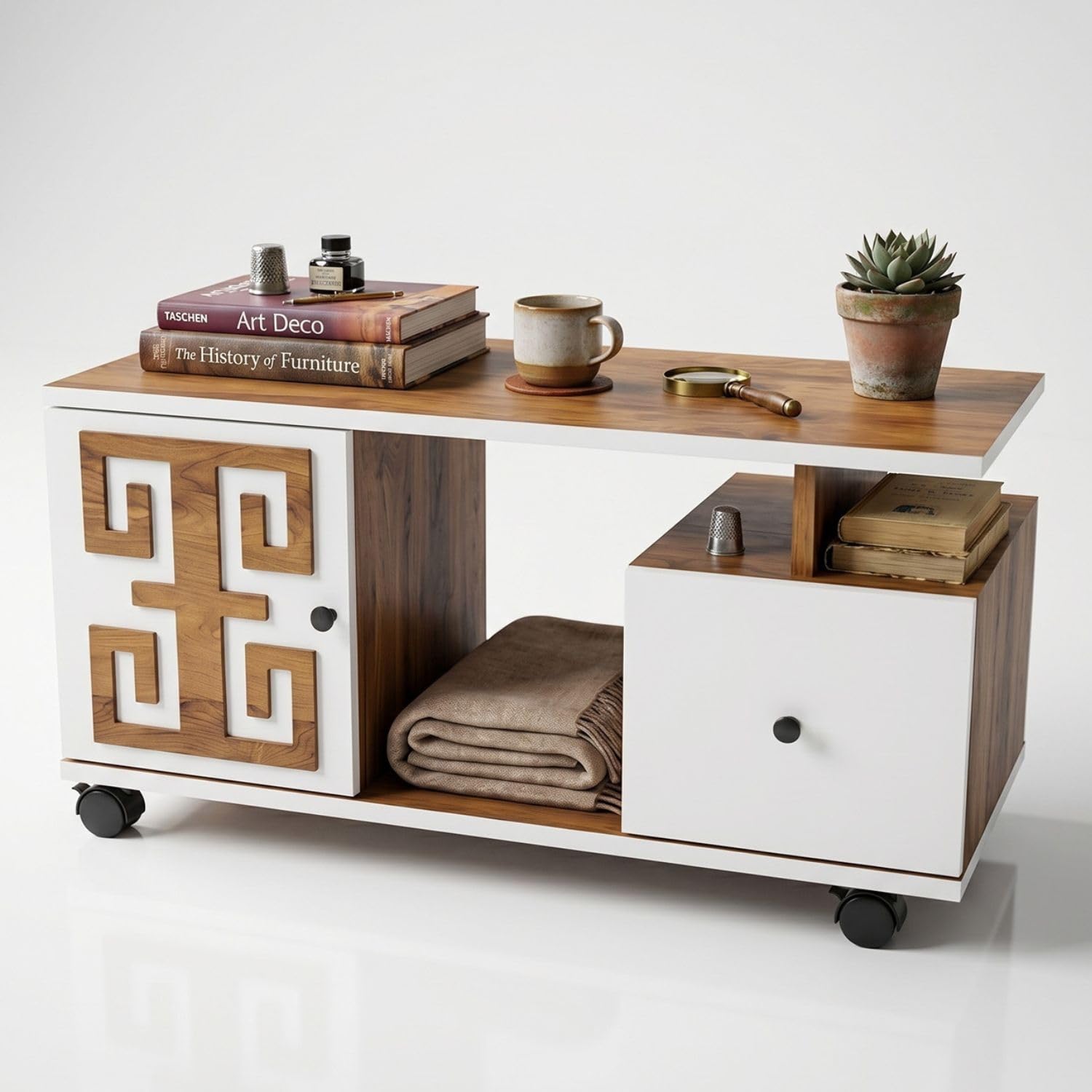 FFO Coffee-Table with Storage | Center Table with Storage & Drawer | 50W X 90L X 45H Coffee Table with Open Shelf, Drawers & Cabinet | Center Table with Wheels |