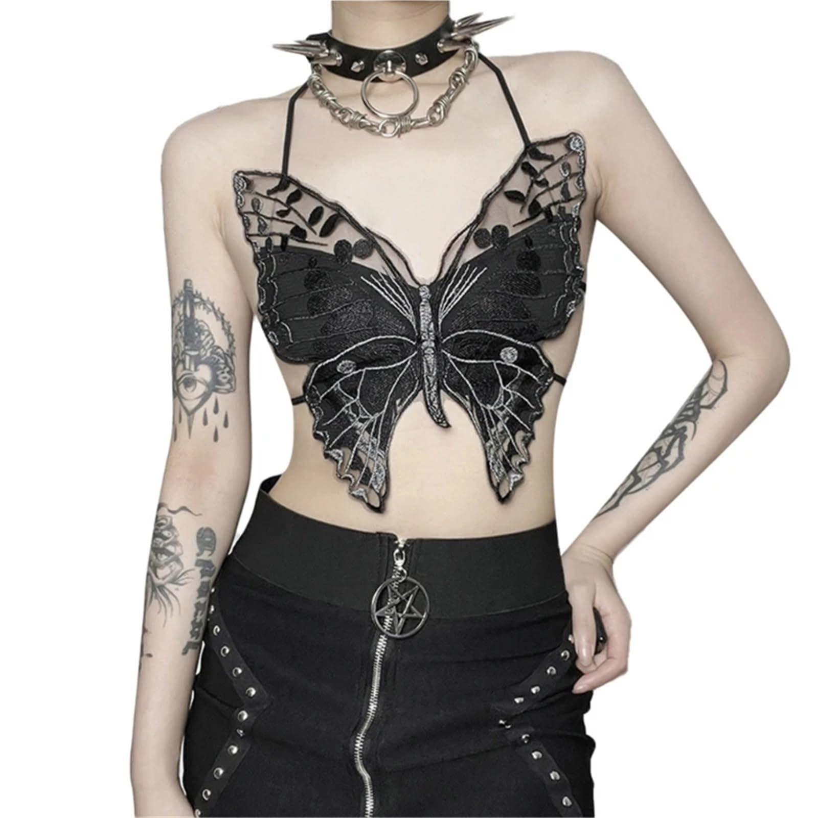 Top in Pizzo Trasparente Sexy a Forma di Farfalla Gotica con Canotta Senza Schienale legata Estiva da Donna per Donne