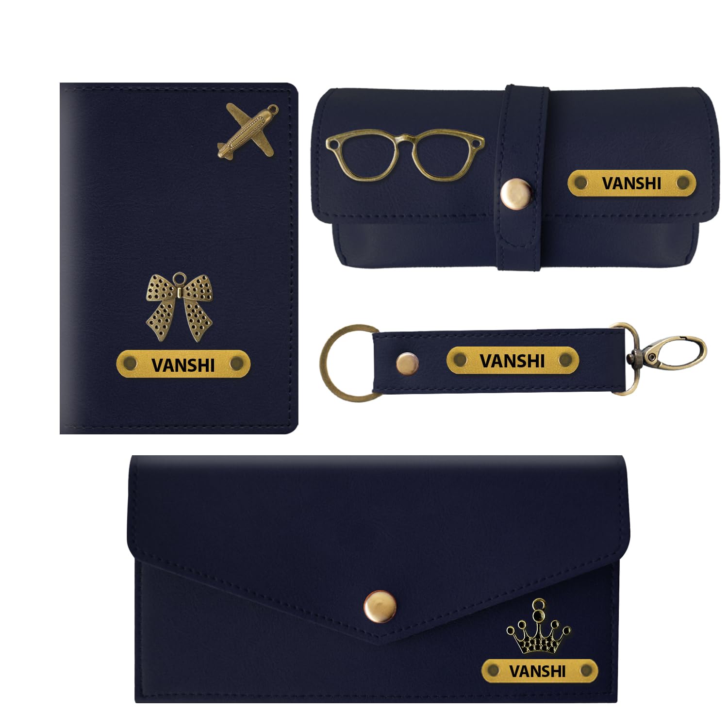 Personalized Women’s Gift Combo with Leather Long Wallet, Passport Cover, Sunglasses Case and Keychain; Giftset for Valentines, Birthdays & Wedding Anniversary (Dark Blue)