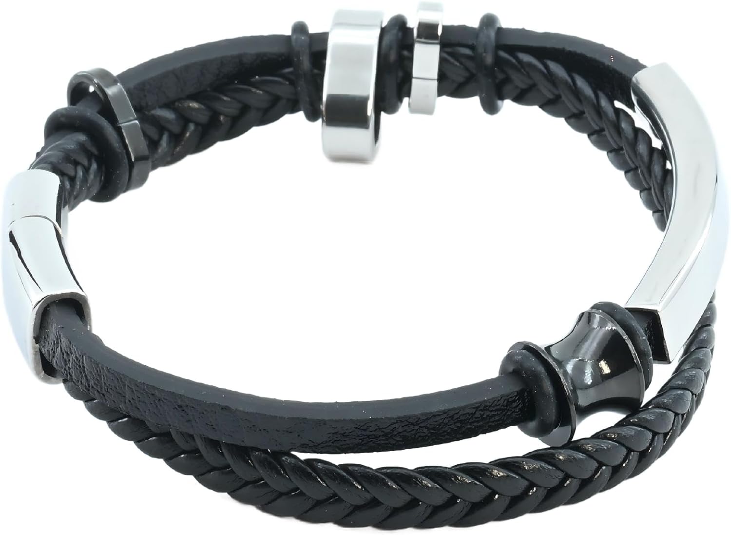 Men's Leather ID Bracelet, Chunky Multi-Layer Wristband with Silver Bar Plate, Stacked Black Rings, and Textured Barrel Beads