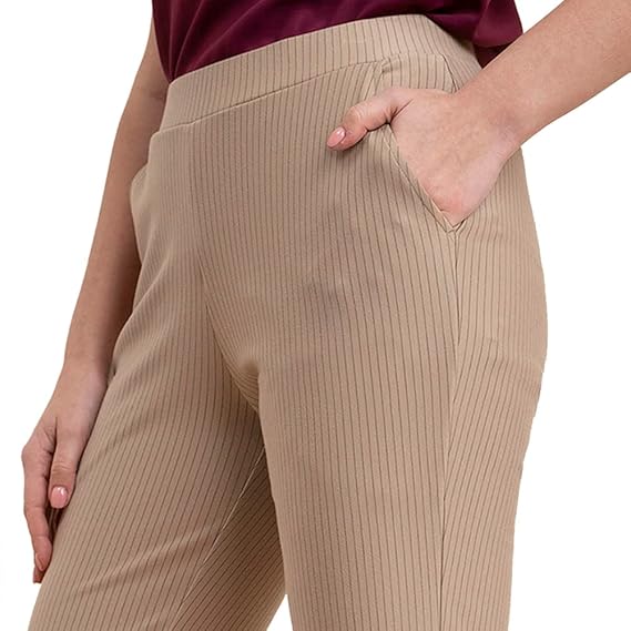 FableStreet Women's Striped Livin Bootcut Beige Pants