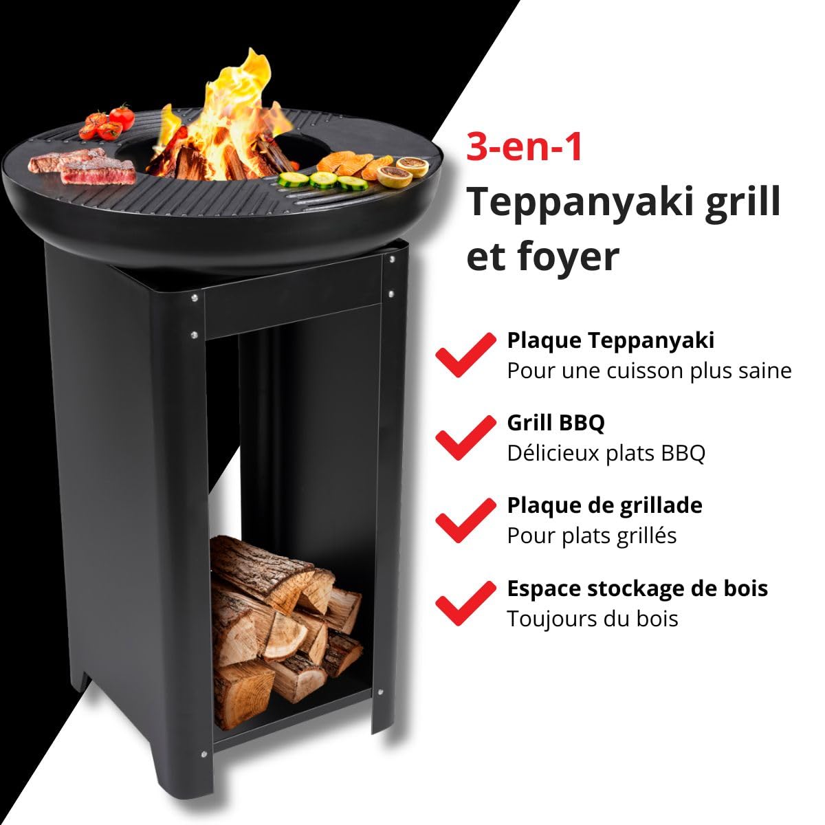 BBQ Collection Palenisko 3 w 1 z rusztem do grillowania – kosz paleniskowy 61 x 90 cm – kuchnia outdoorowa z teppanyaki i płytą grillową – Plancha BBQ z miejscem do przechowywania drewna – kominek