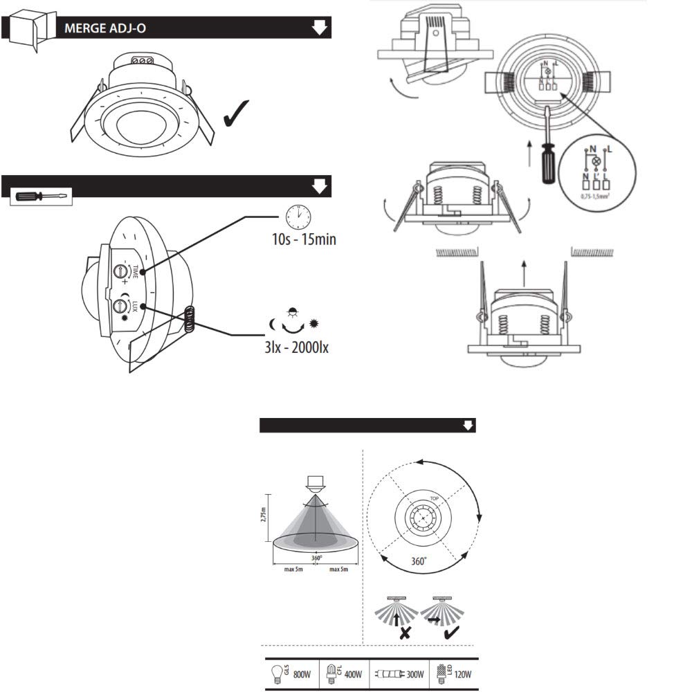 Montaje en el techo empotrable ajustable gran angular 360 PIR sensor de movimiento de presencia infrarrojos detector de alarma de seguridad interruptor de luz de 5 m de rango de detección